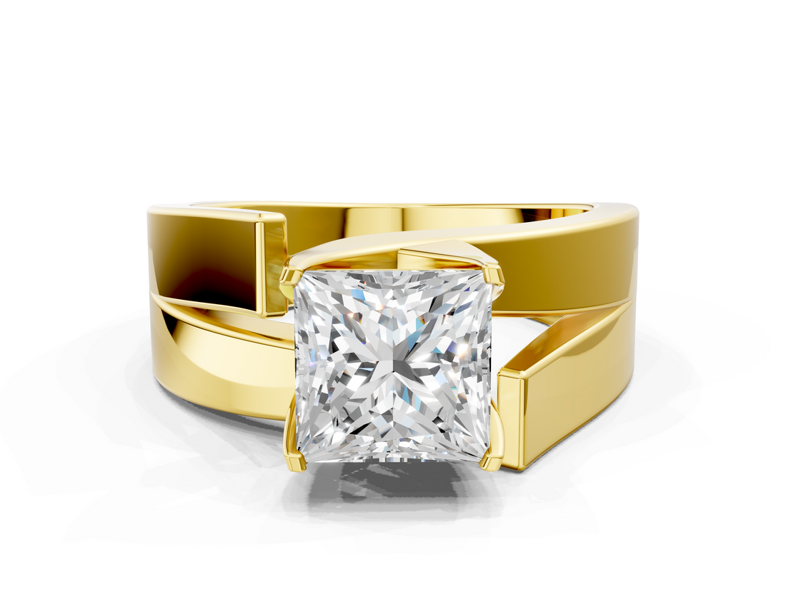 Yellow gold Modern Tension Set Princess Solitaire Wide Band Ring_124