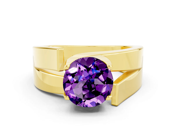 Yellow gold Modern Tension Set Round Cut Amethyst Solitaire Wide Band Ring