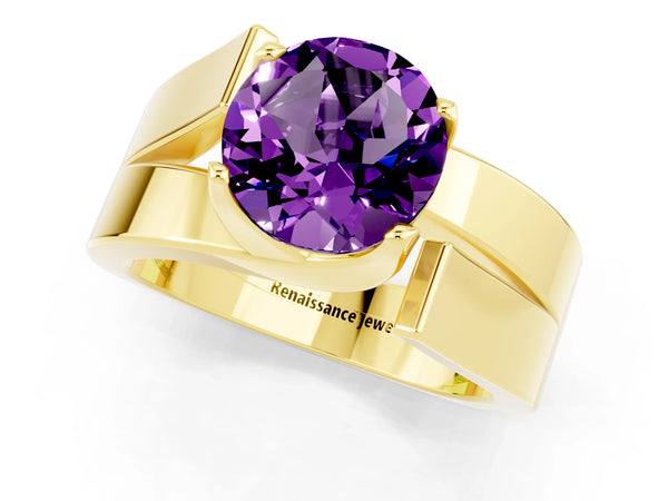 Yellow gold Modern Tension Set Round Cut Amethyst Solitaire Wide Band Ring