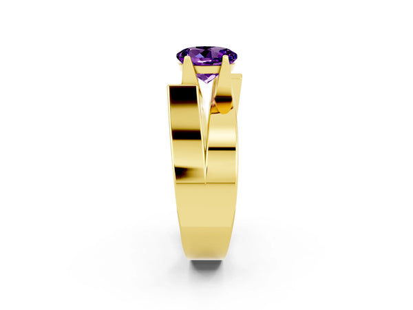 Yellow gold Modern Tension Set Round Cut Amethyst Solitaire Wide Band Ring