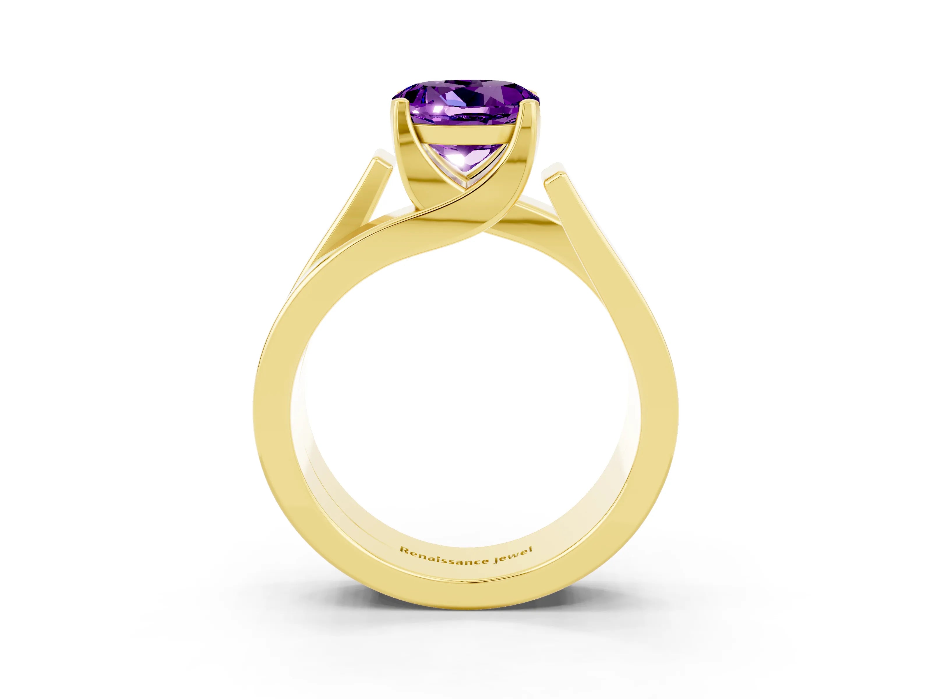 Yellow gold Modern Tension Set Round Cut Amethyst Solitaire Wide Band Ring_3