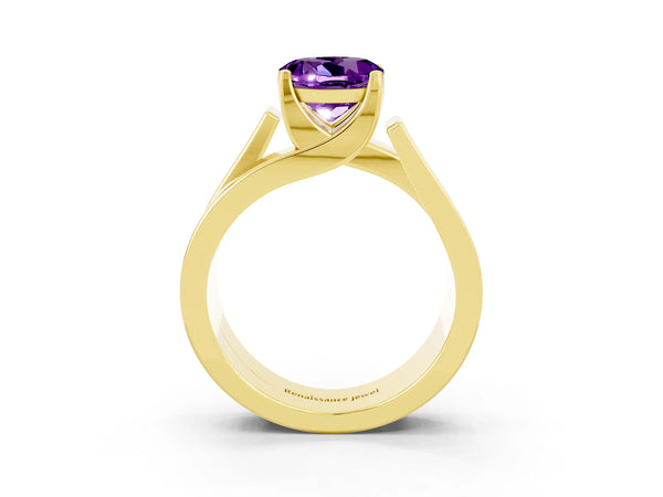 Yellow gold Modern Tension Set Round Cut Amethyst Solitaire Wide Band Ring