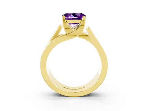 Yellow gold Modern Tension Set Round Cut Amethyst Solitaire Wide Band Ring_3