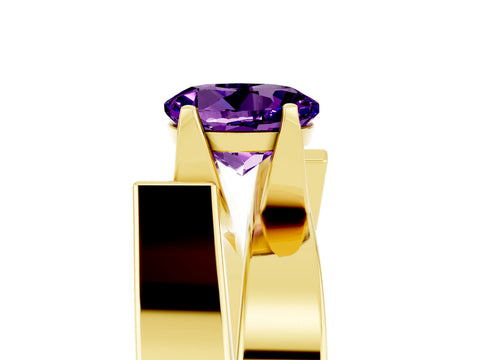 Yellow gold Modern Tension Set Round Cut Amethyst Solitaire Wide Band Ring_5