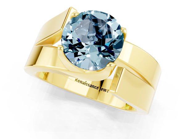 Yellow gold Modern Tension Set Round Cut Aquamarine Solitaire Wide Band Ring