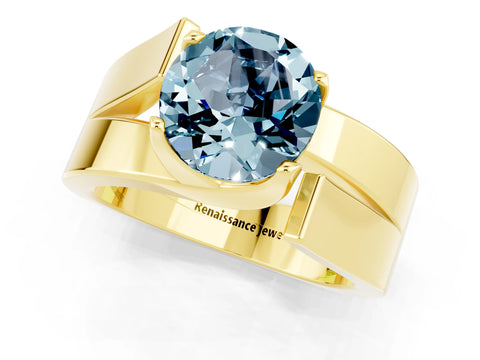 Yellow gold Modern Tension Set Round Cut Aquamarine Solitaire Wide Band Ring_1