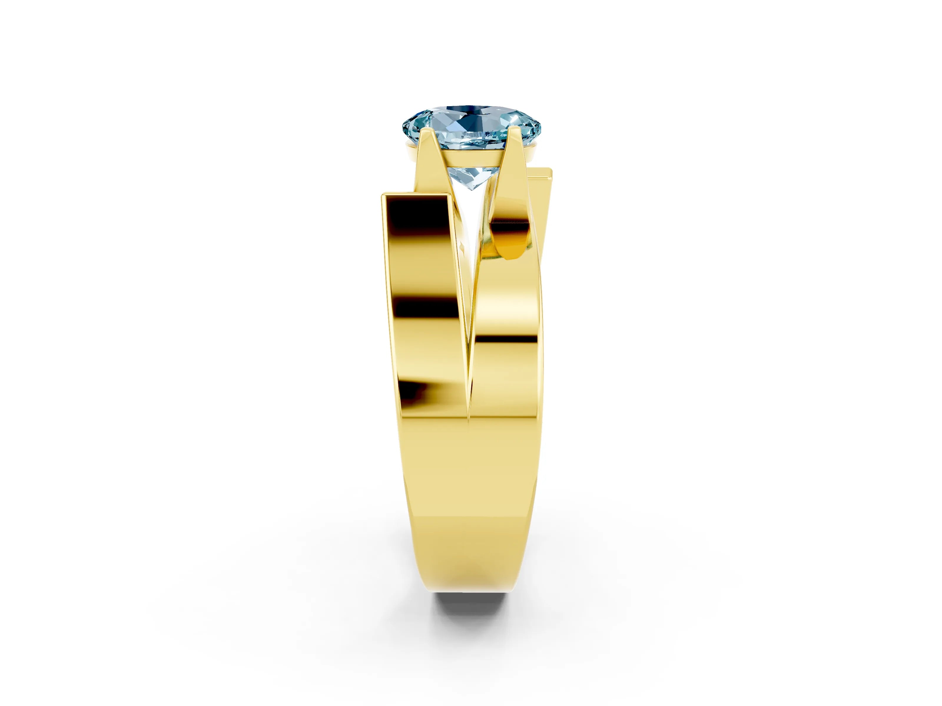 Yellow gold Modern Tension Set Round Cut Aquamarine Solitaire Wide Band Ring_2
