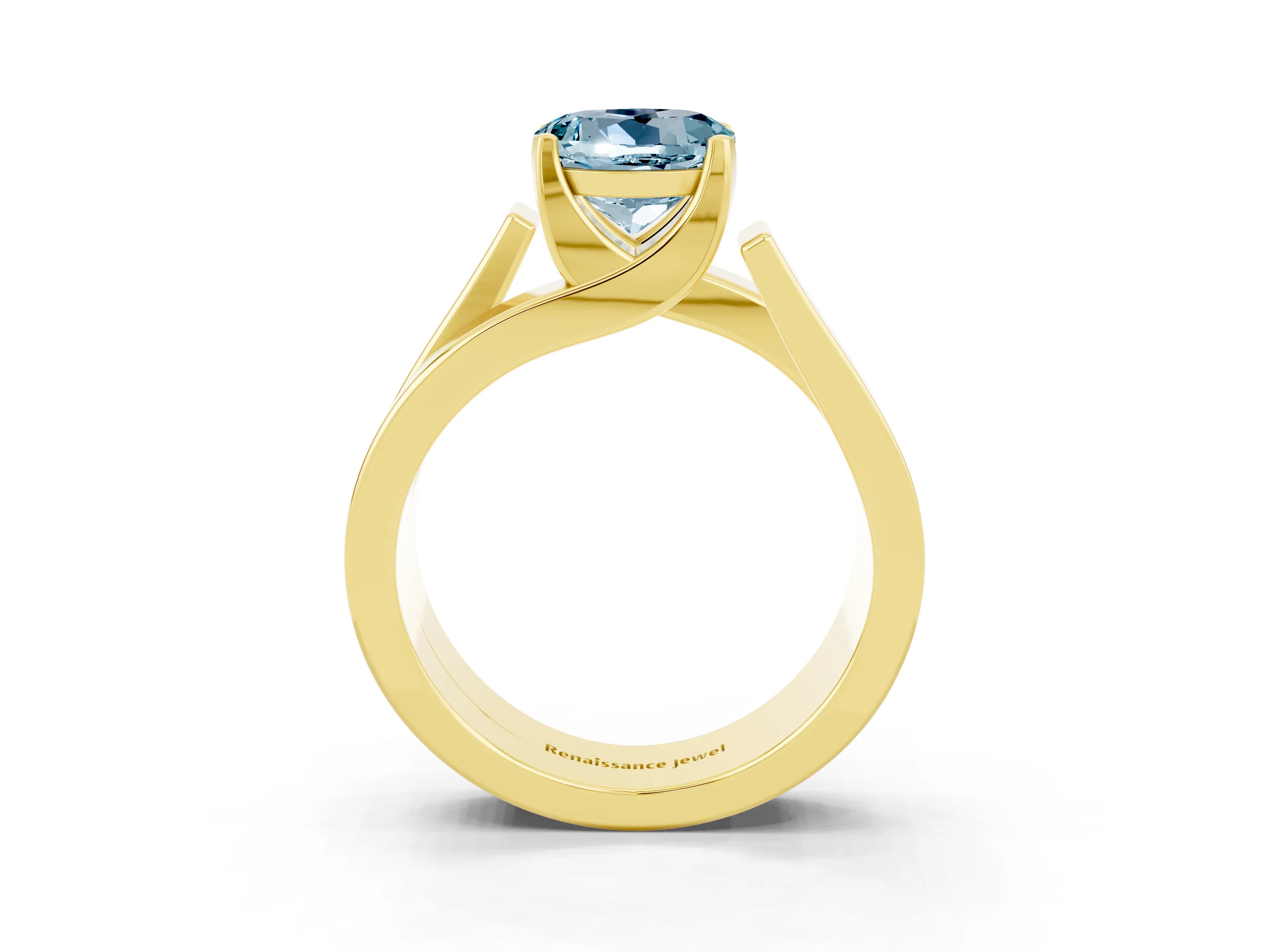 Yellow gold Modern Tension Set Round Cut Aquamarine Solitaire Wide Band Ring_3