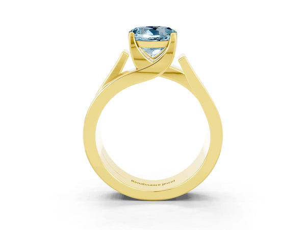 Yellow gold Modern Tension Set Round Cut Aquamarine Solitaire Wide Band Ring