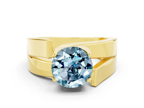 Yellow gold Modern Tension Set Round Cut Aquamarine Solitaire Wide Band Ring