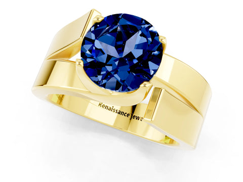Yellow gold Modern Tension Set Round Cut Blue Sapphire Solitaire Wide Band Ring_1