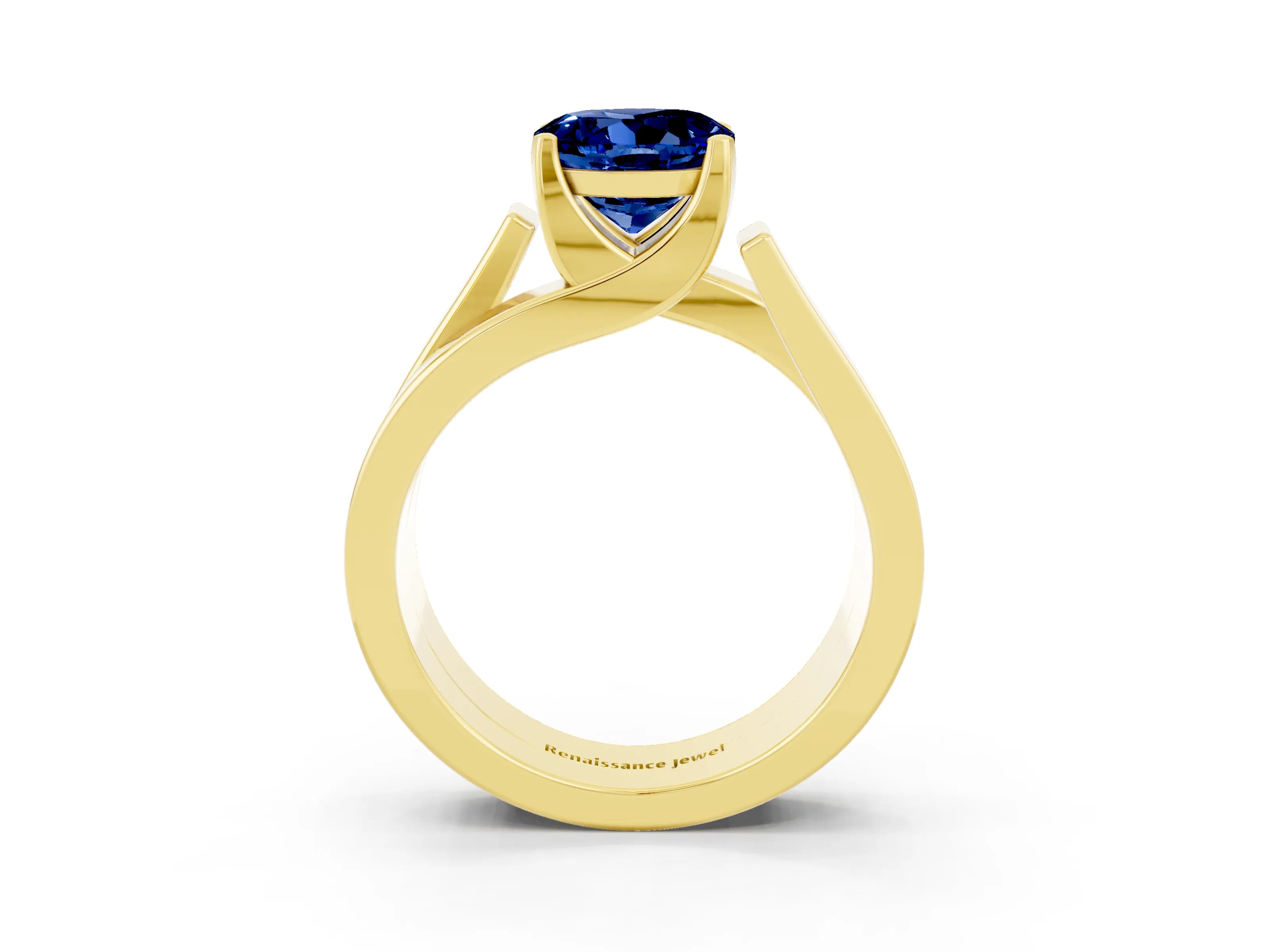 Yellow gold Modern Tension Set Round Cut Blue Sapphire Solitaire Wide Band Ring_3