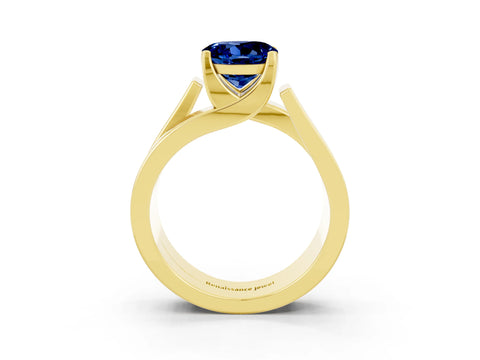 Yellow gold Modern Tension Set Round Cut Blue Sapphire Solitaire Wide Band Ring_3