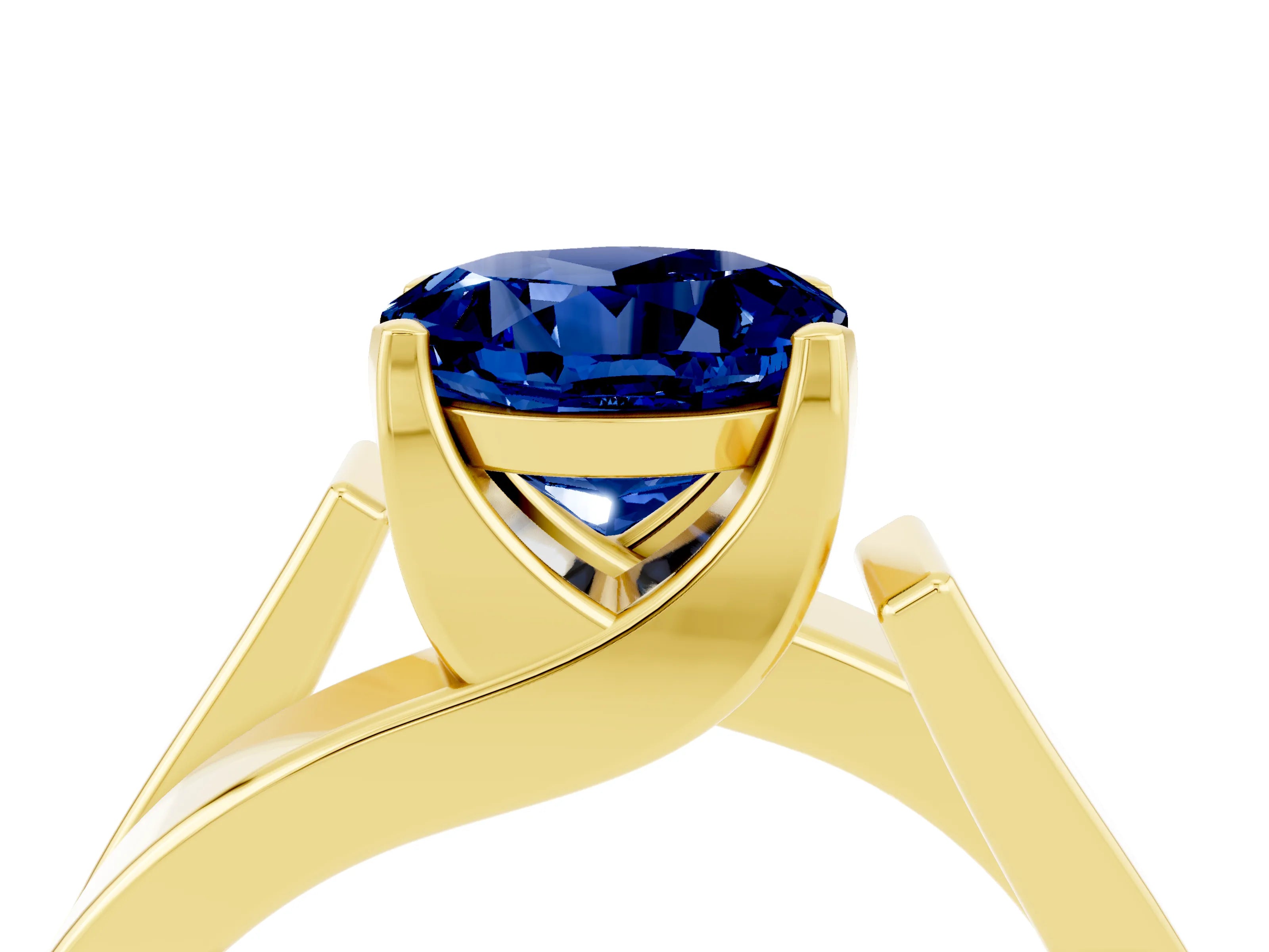 Yellow gold Modern Tension Set Round Cut Blue Sapphire Solitaire Wide Band Ring_4