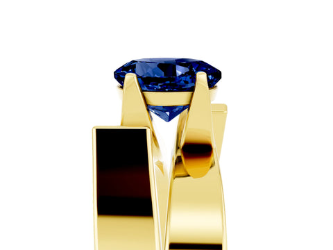 Yellow gold Modern Tension Set Round Cut Blue Sapphire Solitaire Wide Band Ring_5