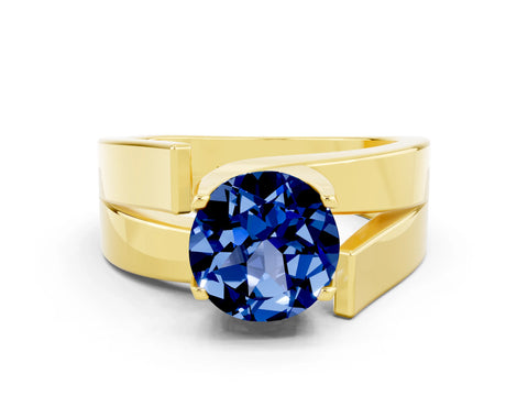 Yellow gold Modern Tension Set Round Cut Blue Sapphire Solitaire Wide Band Ring