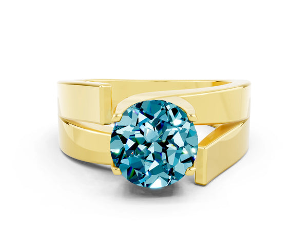 Yellow gold Modern Tension Set Round Cut Blue Topaz Solitaire Wide Band Ring