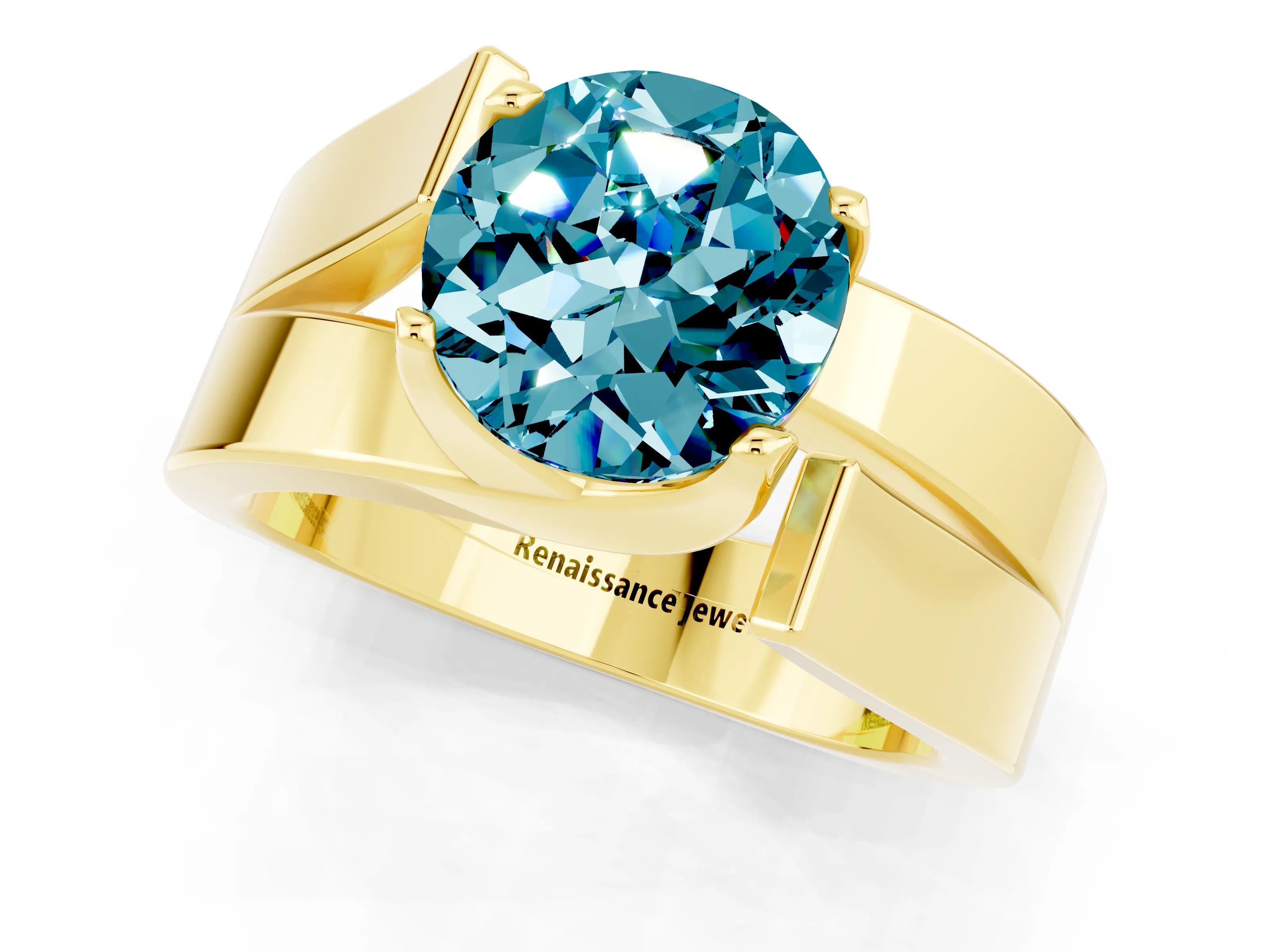 Yellow gold Modern Tension Set Round Cut Blue Topaz Solitaire Wide Band Ring_1
