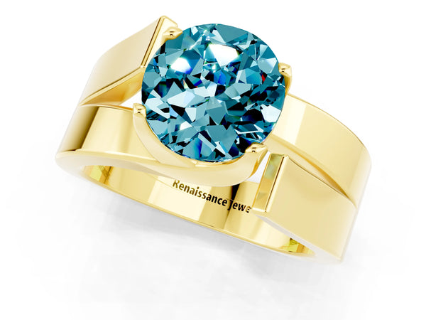 Yellow gold Modern Tension Set Round Cut Blue Topaz Solitaire Wide Band Ring