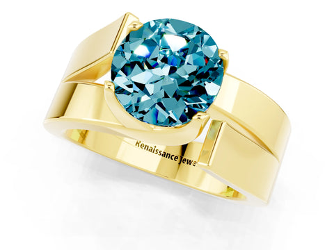 Yellow gold Modern Tension Set Round Cut Blue Topaz Solitaire Wide Band Ring_1