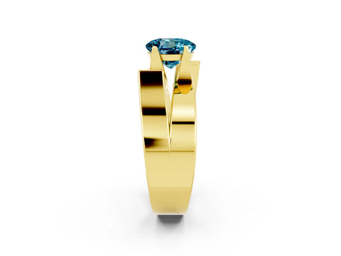 Yellow gold Modern Tension Set Round Cut Blue Topaz Solitaire Wide Band Ring_2