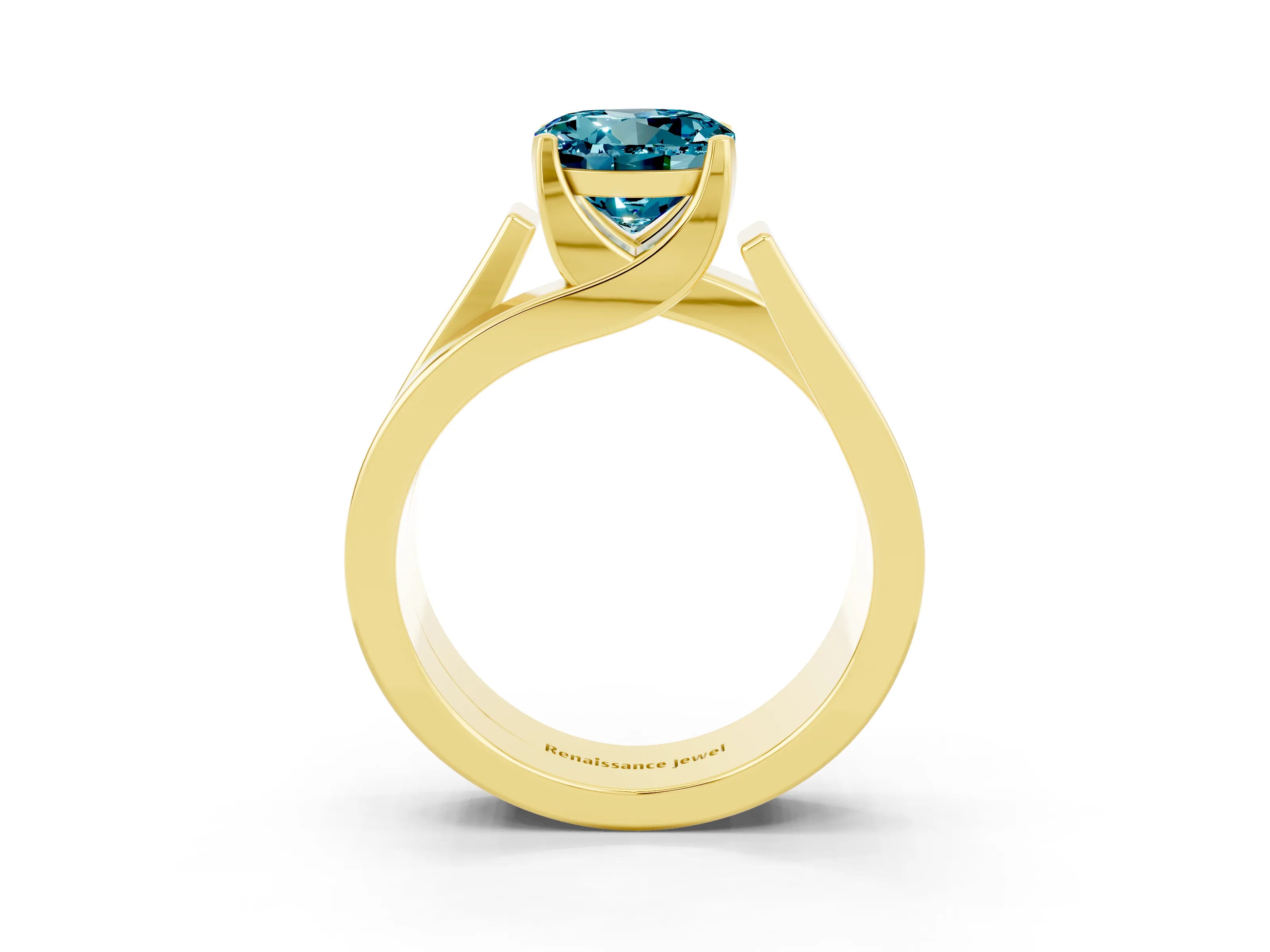 Yellow gold Modern Tension Set Round Cut Blue Topaz Solitaire Wide Band Ring_3