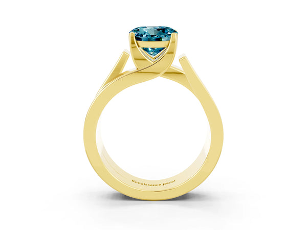 Yellow gold Modern Tension Set Round Cut Blue Topaz Solitaire Wide Band Ring