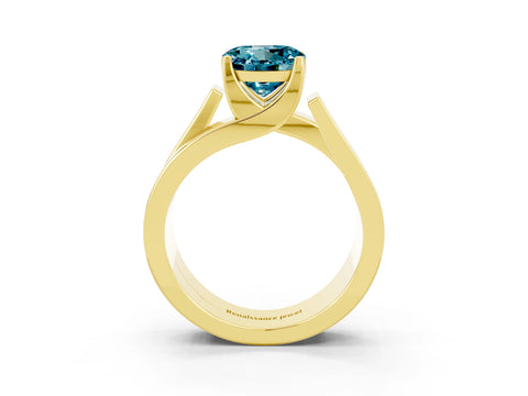 Yellow gold Modern Tension Set Round Cut Blue Topaz Solitaire Wide Band Ring_3