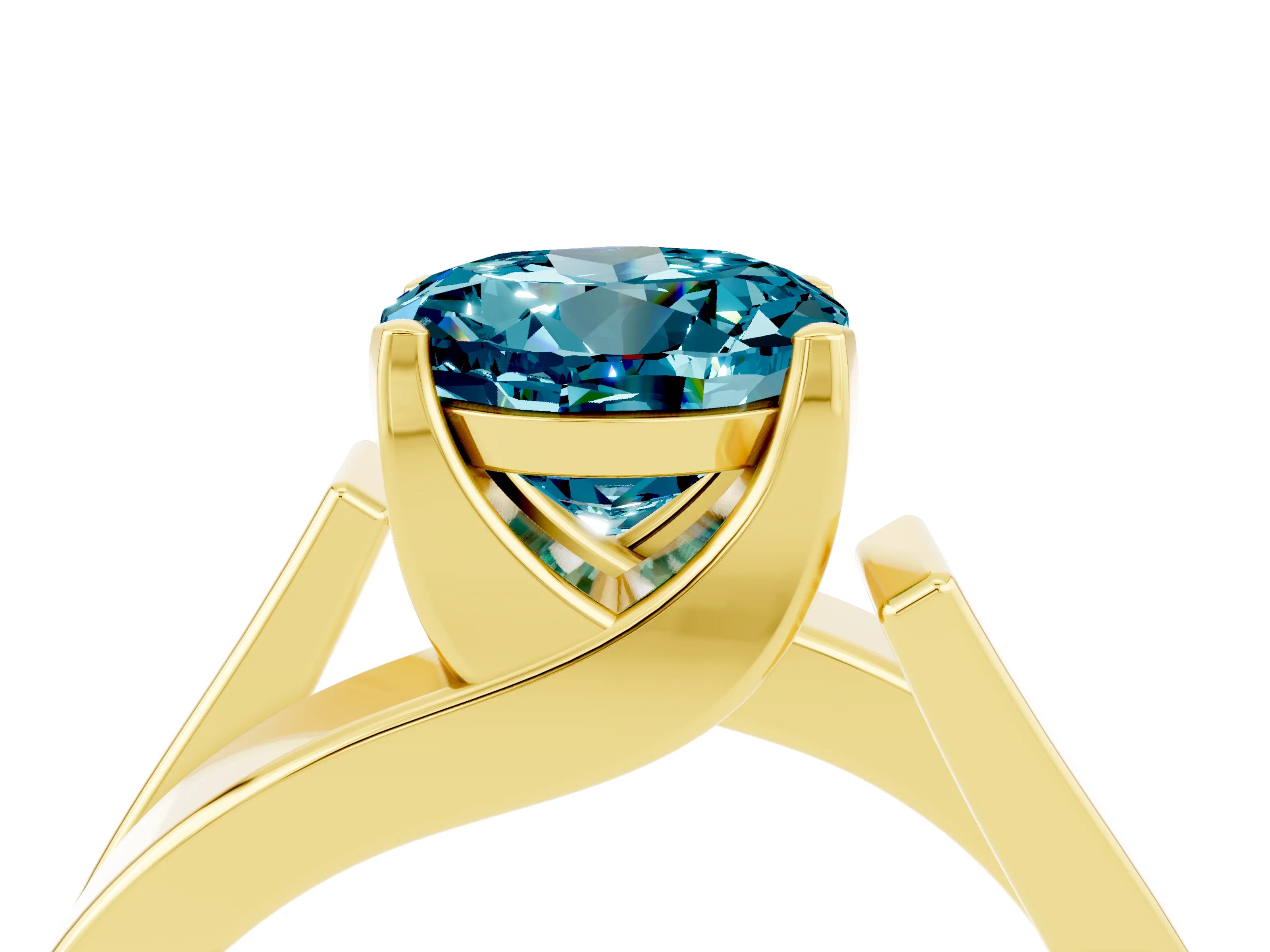 Yellow gold Modern Tension Set Round Cut Blue Topaz Solitaire Wide Band Ring_4