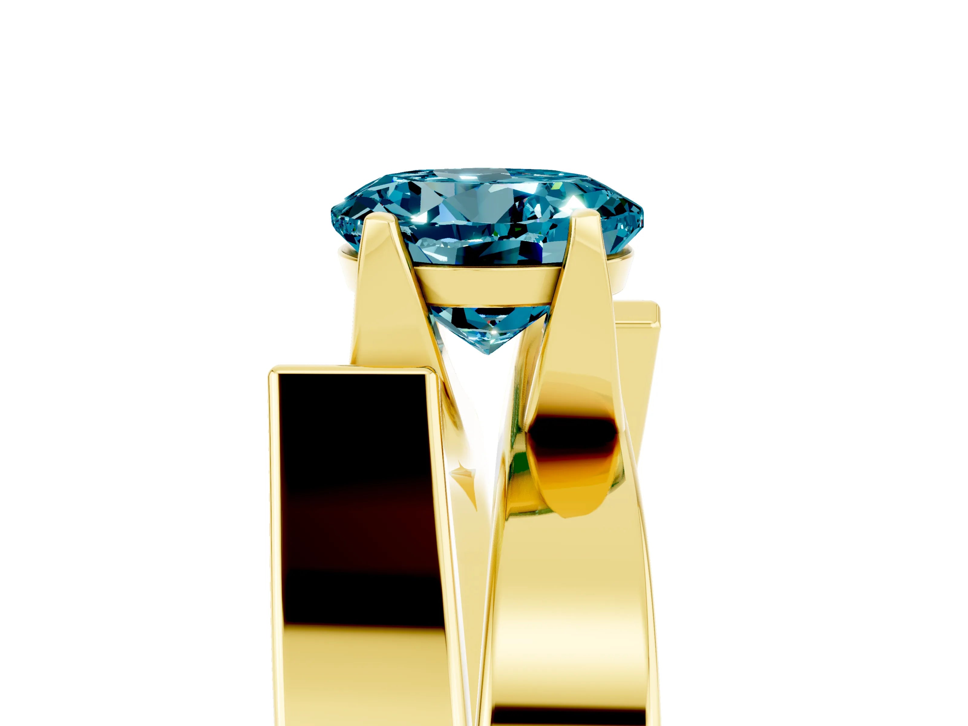 Yellow gold Modern Tension Set Round Cut Blue Topaz Solitaire Wide Band Ring_5