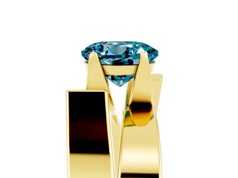 Yellow gold Modern Tension Set Round Cut Blue Topaz Solitaire Wide Band Ring_5
