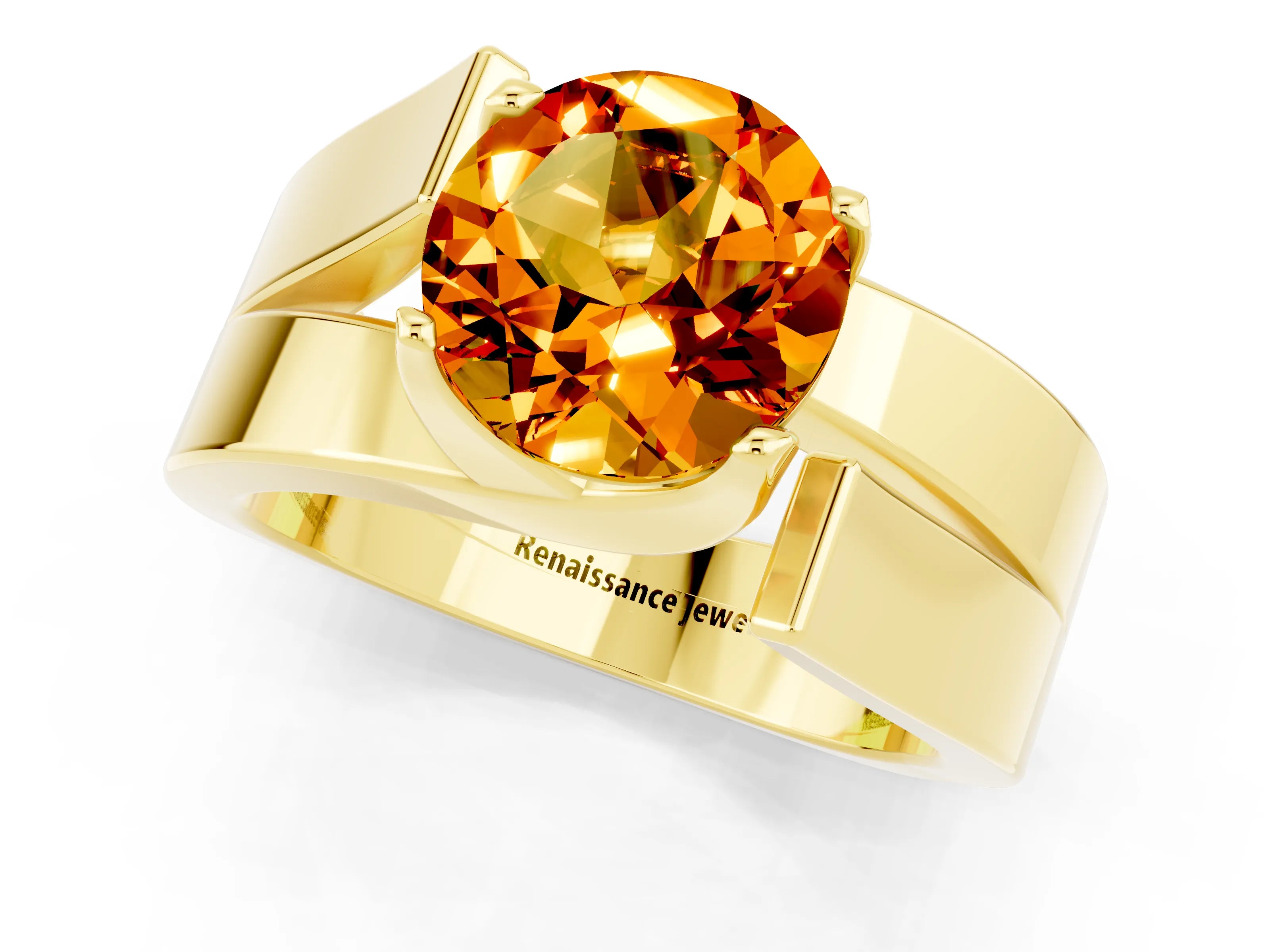 Yellow gold Modern Tension Set Round Cut Citrine Solitaire Wide Band Ring_1