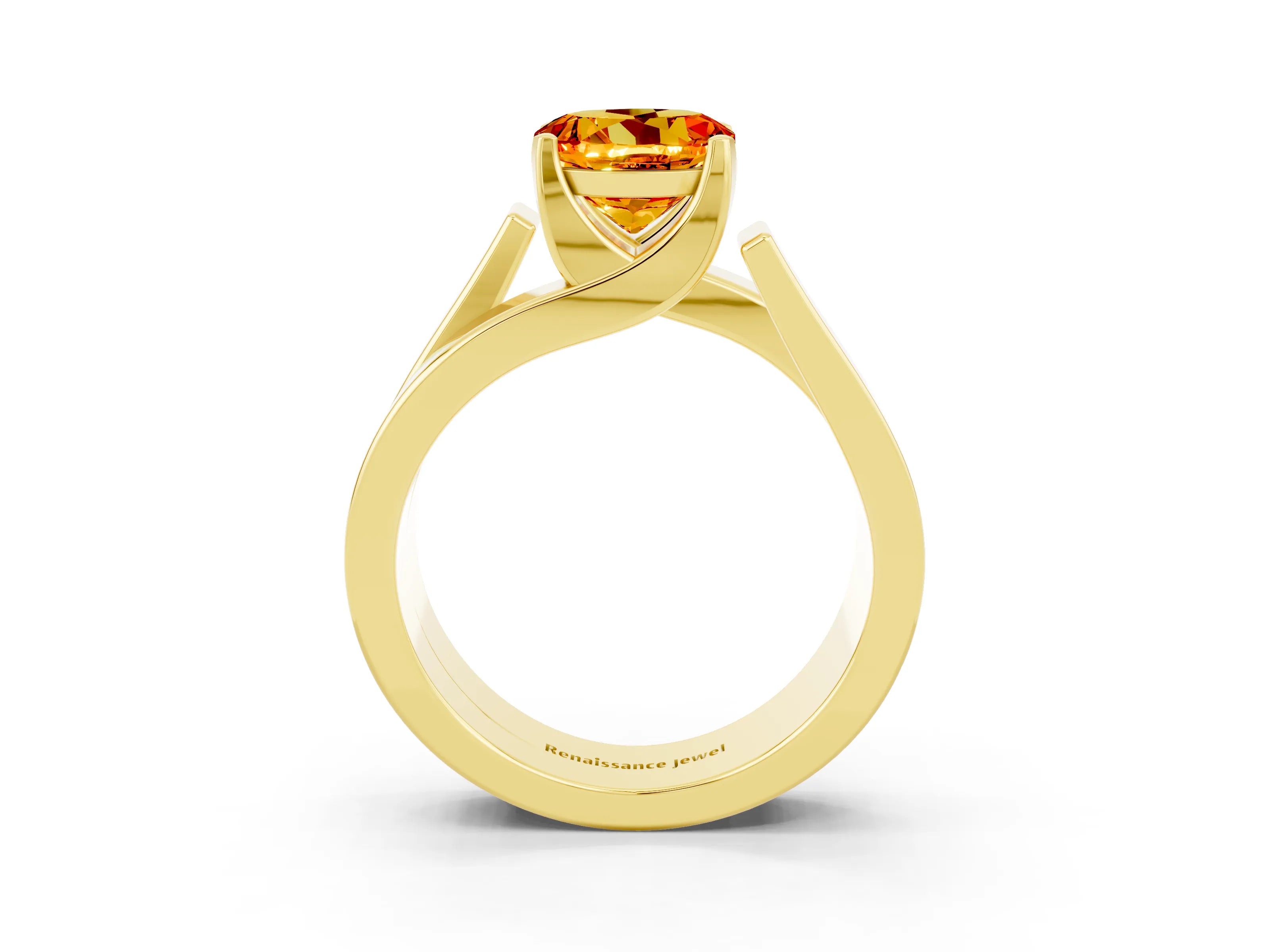 Yellow gold Modern Tension Set Round Cut Citrine Solitaire Wide Band Ring_3