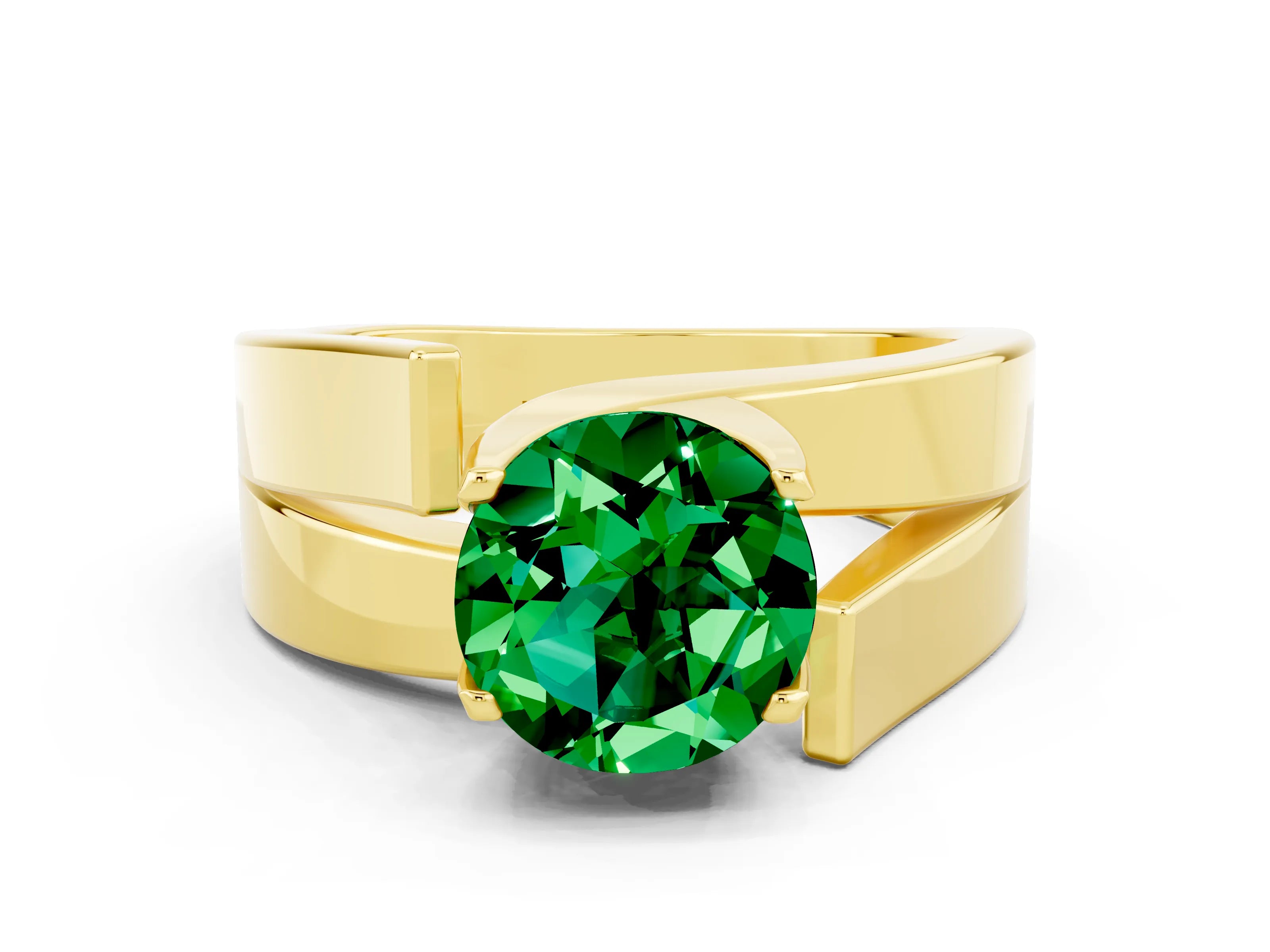 Yellow gold Modern Tension Set Round Cut Emerald Solitaire Wide Band Ring