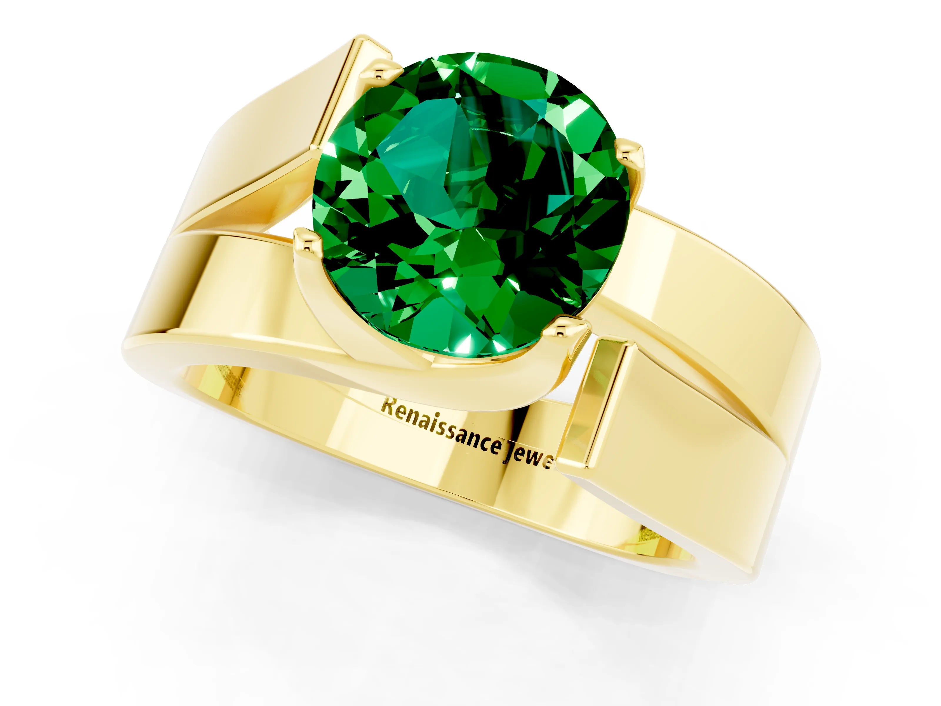 Yellow gold Modern Tension Set Round Cut Emerald Solitaire Wide Band Ring_1