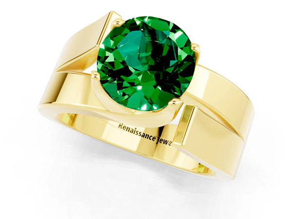 Yellow gold Modern Tension Set Round Cut Emerald Solitaire Wide Band Ring