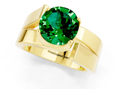 Yellow gold Modern Tension Set Round Cut Emerald Solitaire Wide Band Ring_1