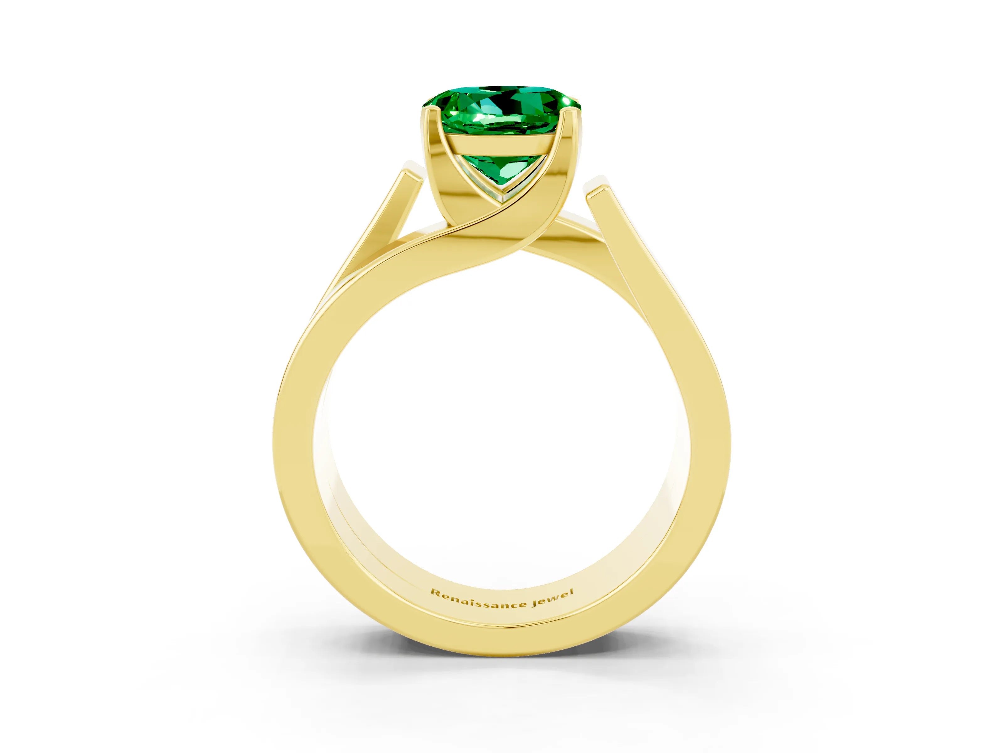 Yellow gold Modern Tension Set Round Cut Emerald Solitaire Wide Band Ring_3
