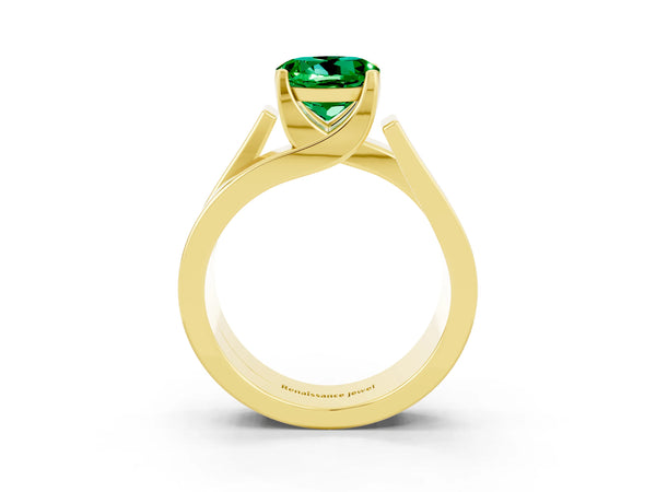 Yellow gold Modern Tension Set Round Cut Emerald Solitaire Wide Band Ring