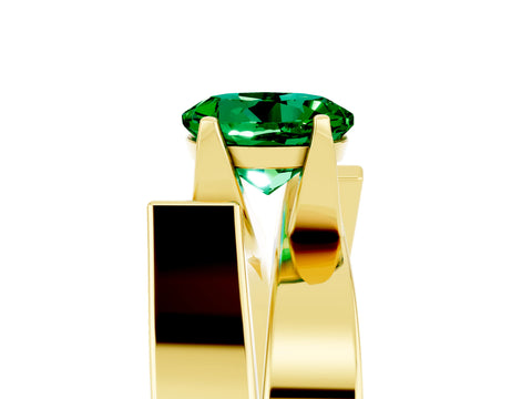 Yellow gold Modern Tension Set Round Cut Emerald Solitaire Wide Band Ring_5