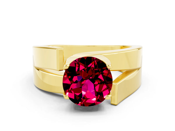 Yellow gold Modern Tension Set Round Cut Garnet Solitaire Wide Band Ring