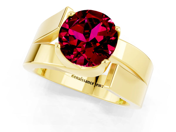 Yellow gold Modern Tension Set Round Cut Garnet Solitaire Wide Band Ring