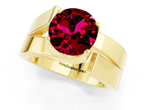 Yellow gold Modern Tension Set Round Cut Garnet Solitaire Wide Band Ring_1