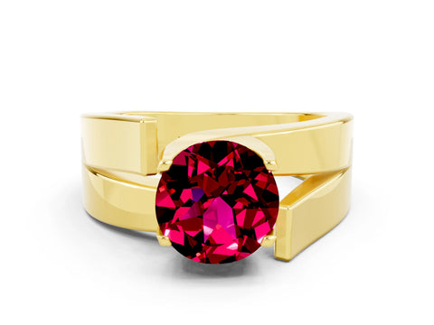 Yellow gold Modern Tension Set Round Cut Garnet Solitaire Wide Band Ring