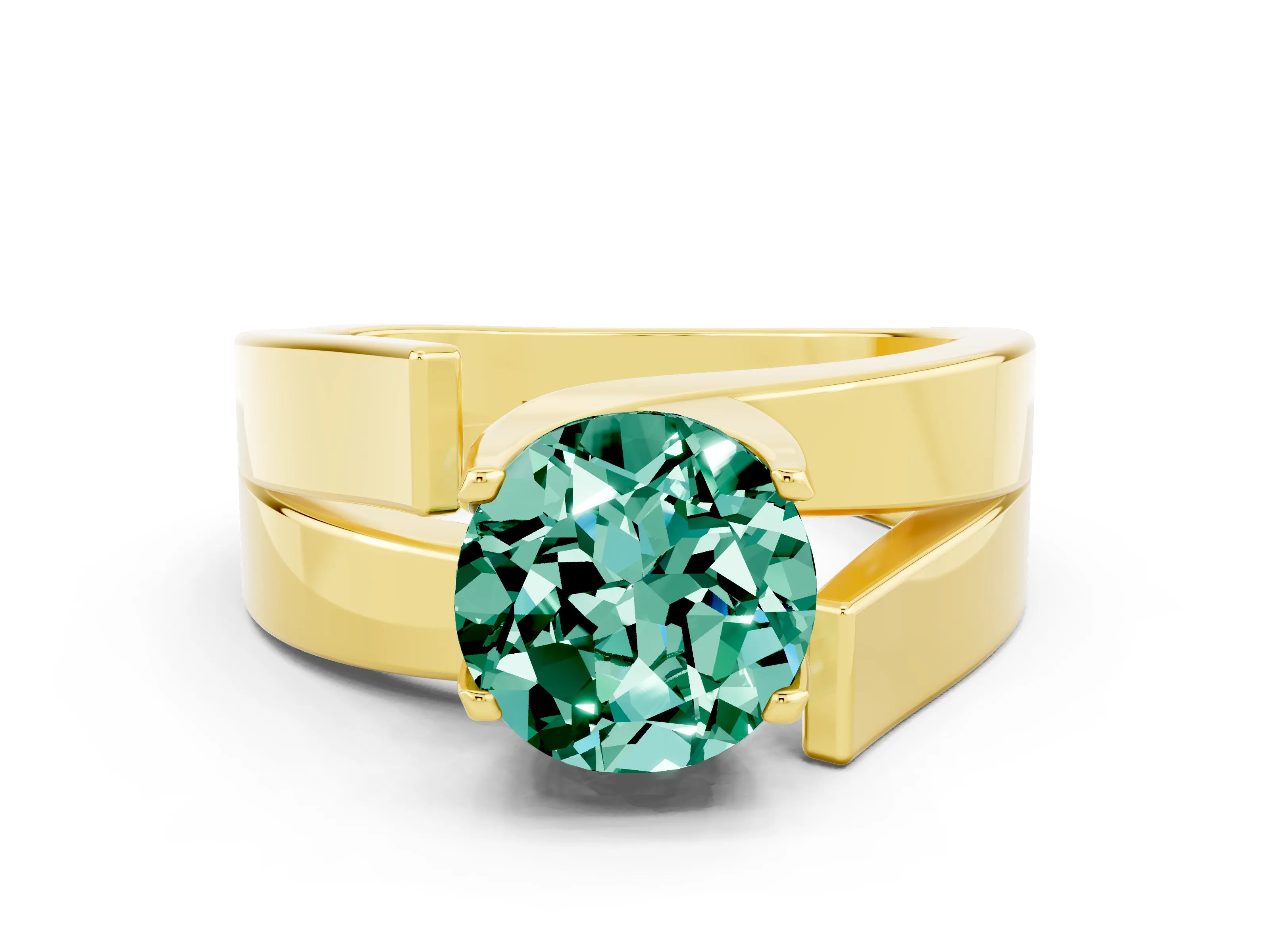 Yellow gold Modern Tension Set Round Cut Green Sapphire Solitaire Wide Band Ring