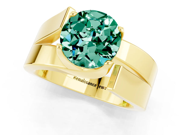 Yellow gold Modern Tension Set Round Cut Green Sapphire Solitaire Wide Band Ring