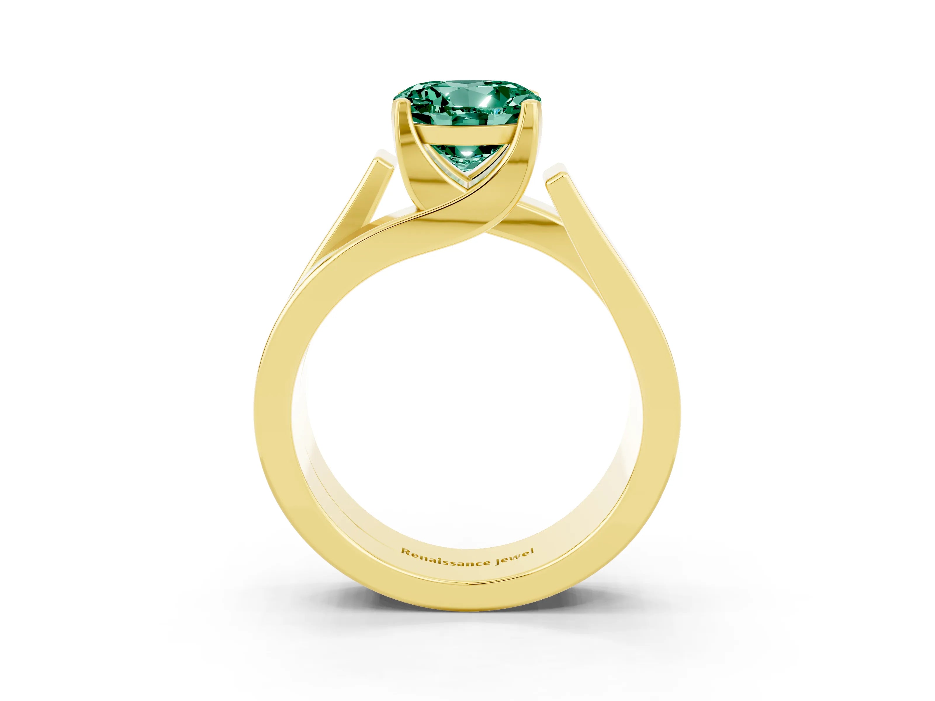 Yellow gold Modern Tension Set Round Cut Green Sapphire Solitaire Wide Band Ring_3