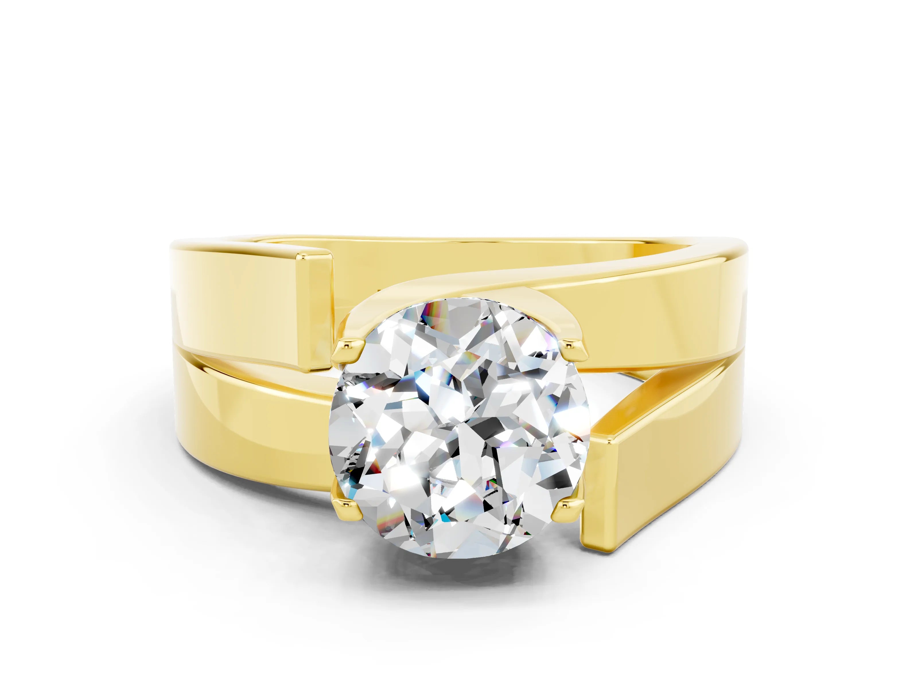 Yellow gold Modern Tension Set Round Cut Moissanite Solitaire Wide Band Ring