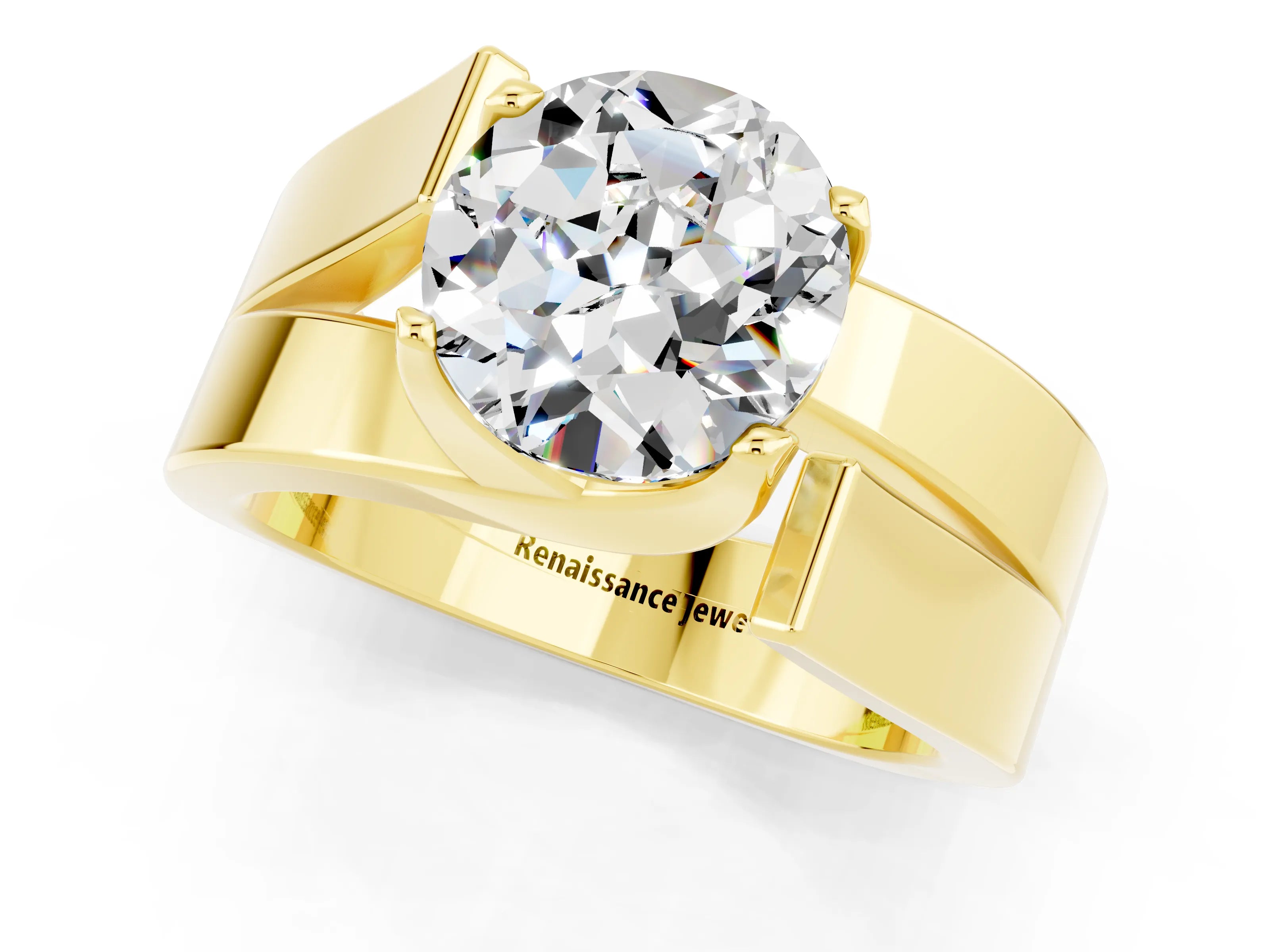 Yellow gold Modern Tension Set Round Cut Moissanite Solitaire Wide Band Ring_1