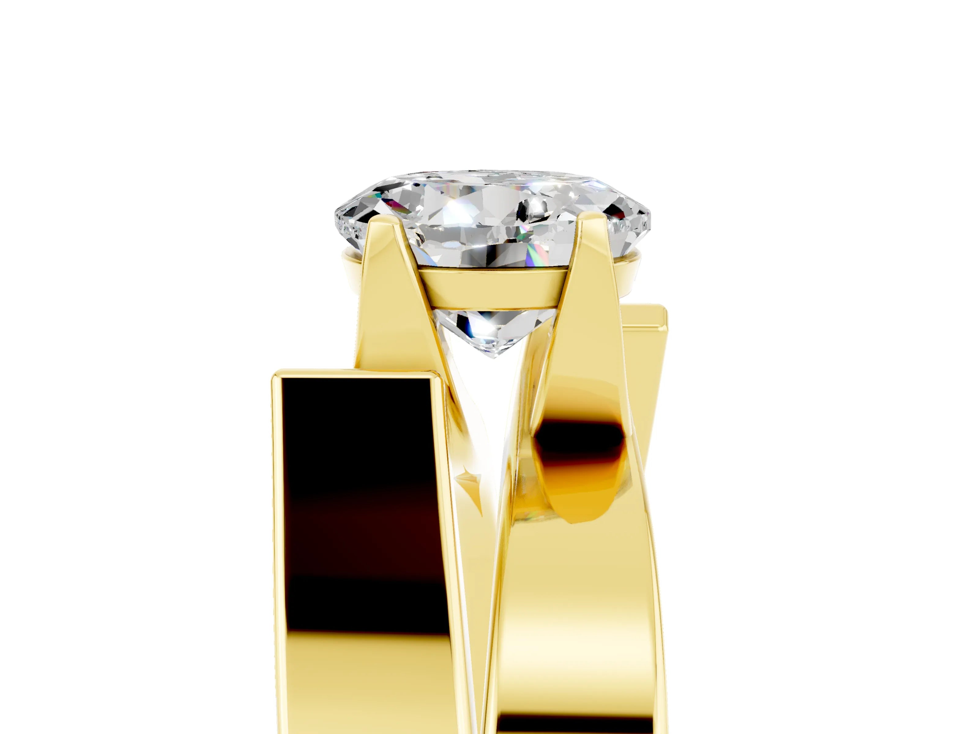 Yellow gold Modern Tension Set Round Cut Moissanite Solitaire Wide Band Ring_5